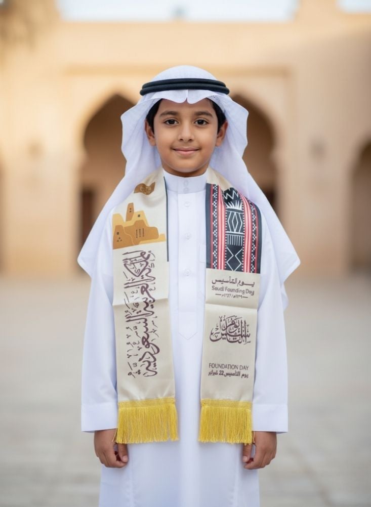 بريميم وشاح تراثي للأطفال بمناسبة يوم تأسيس المملكة العربية السعودية بنقوش تقليدية - زي احتفالي ثقافي للأولاد - Image 2