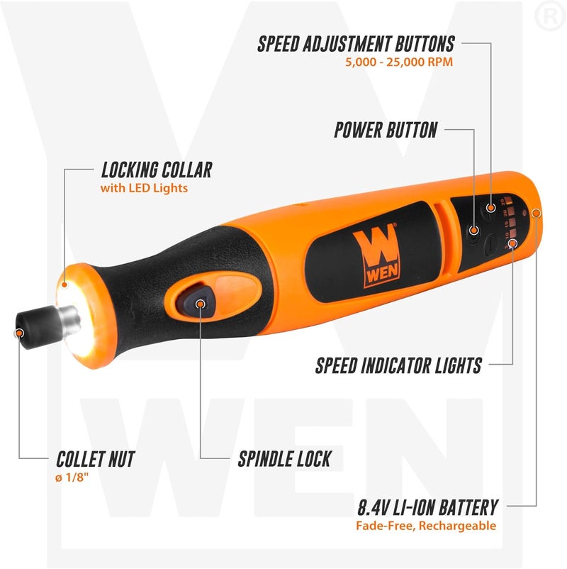 Wen 23072 Variable Speed Lithium-Ion Cordless Rotary Tool Kit with 24-Piece Accessory Set, Charger, and Carrying Case, 7.2 Volts - Image 3
