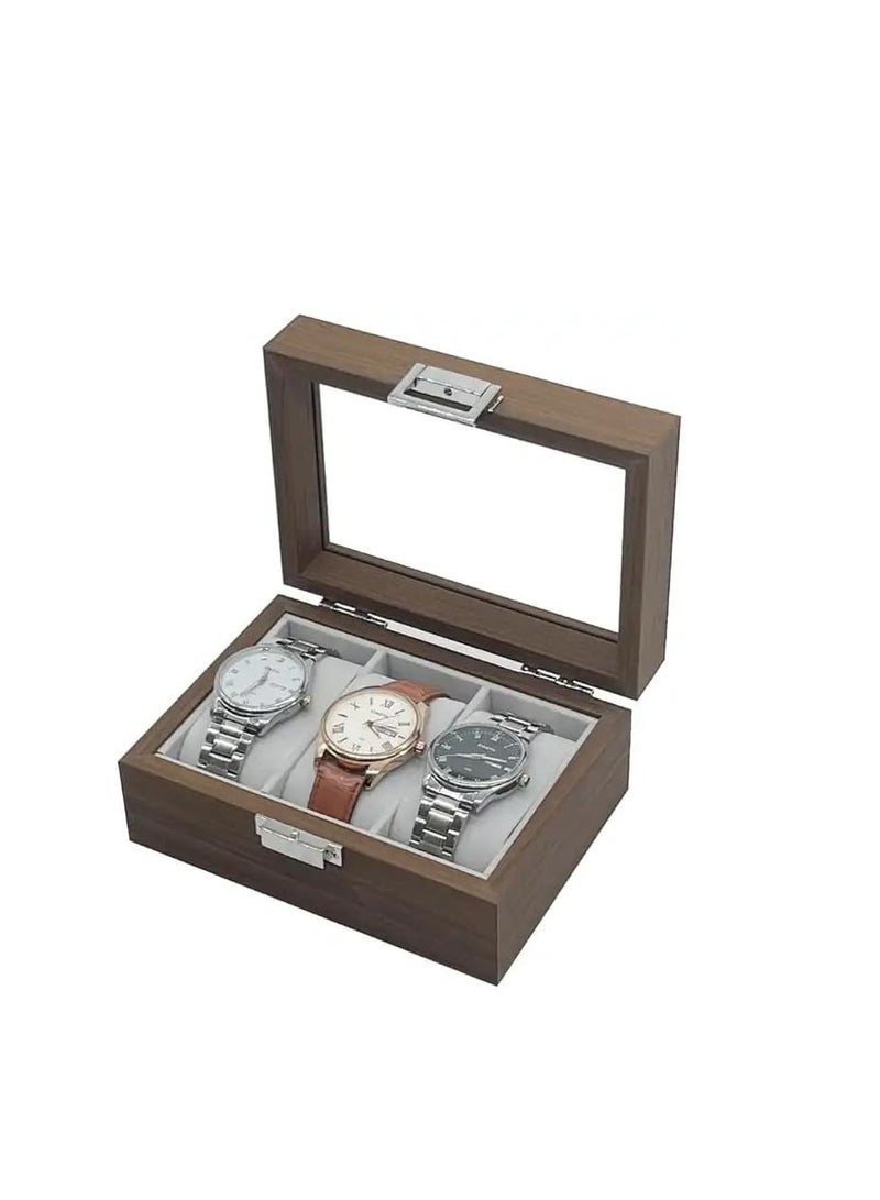 High Quality Wooden Organizer Box With Glass Cover for Jewelry Watches Organization -3 Sections 16.5cm*12cm*7.5cm suitable for Dressing Room-Watch Box-Brown - Image 1