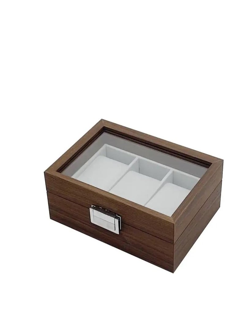 High Quality Wooden Organizer Box With Glass Cover for Jewelry Watches Organization -3 Sections 16.5cm*12cm*7.5cm suitable for Dressing Room-Watch Box-Brown - Image 2