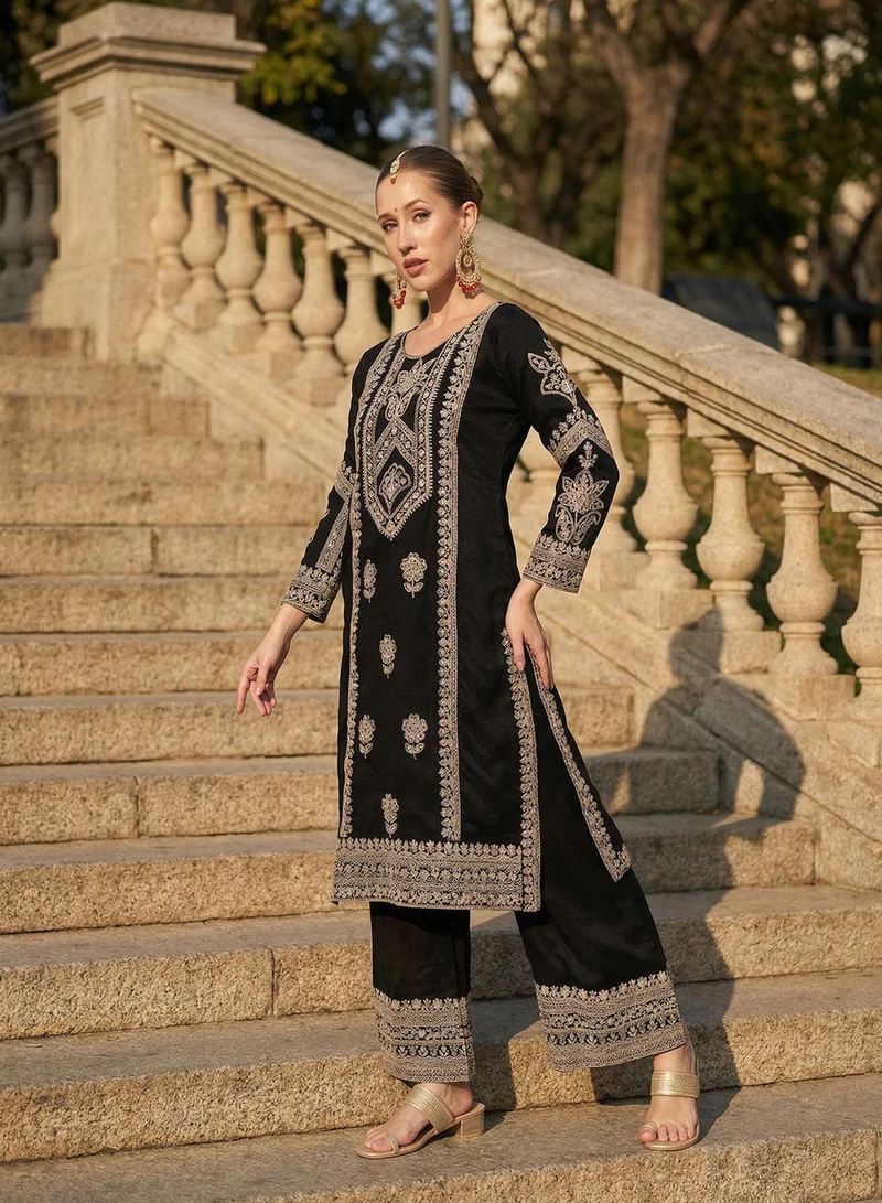 آي شين Black Poly Embroidered Straight Fit A-Line Tunic & Full Length Palazzo Kurta Set For Women