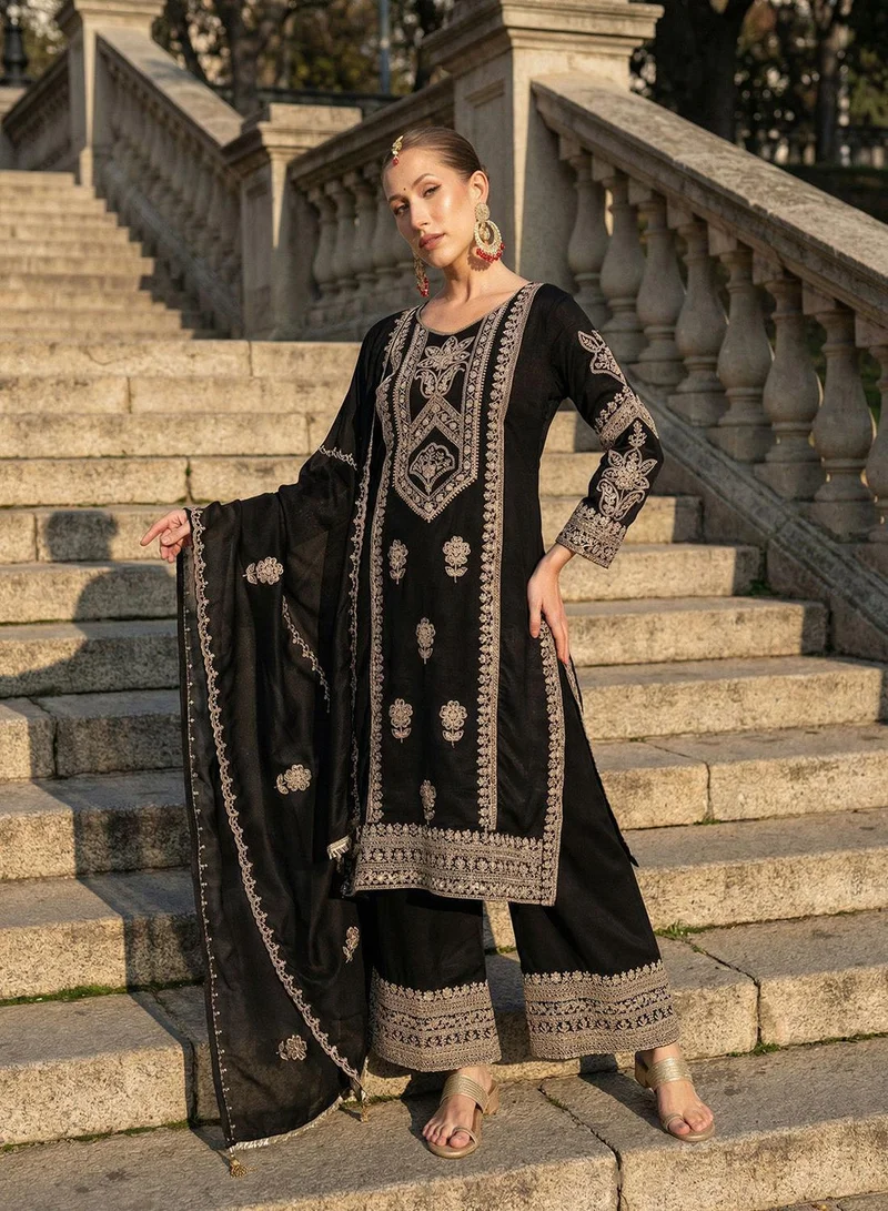 آي شين Black Poly Embroidered Straight Fit A-Line Tunic & Full Length Palazzo Kurta Set For Women