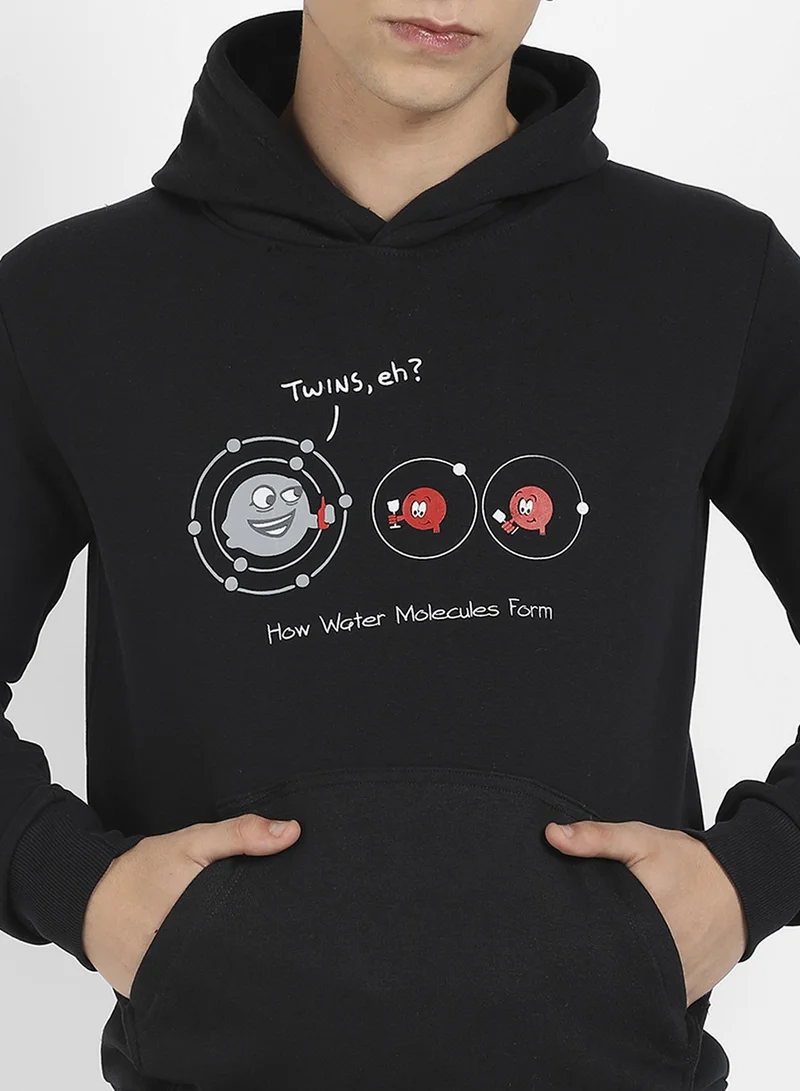 Campus Sutra Men's Black Water Molecules Hoodie With Kangaroo Pocket