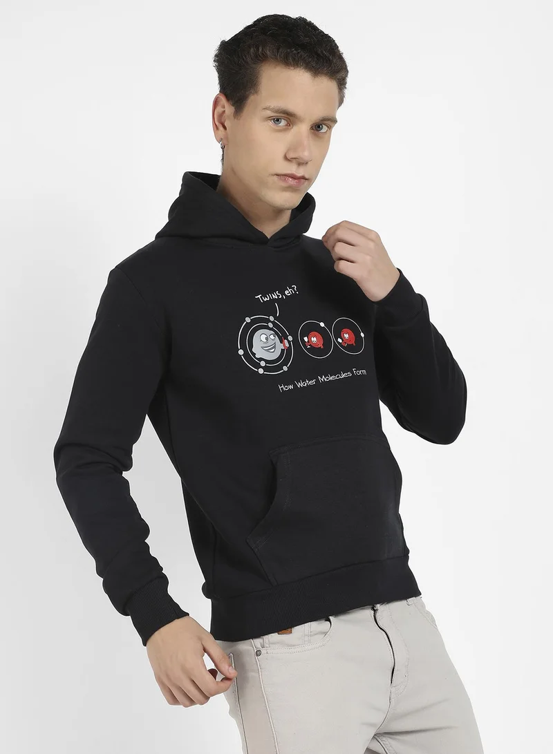 Campus Sutra Men's Black Water Molecules Hoodie With Kangaroo Pocket
