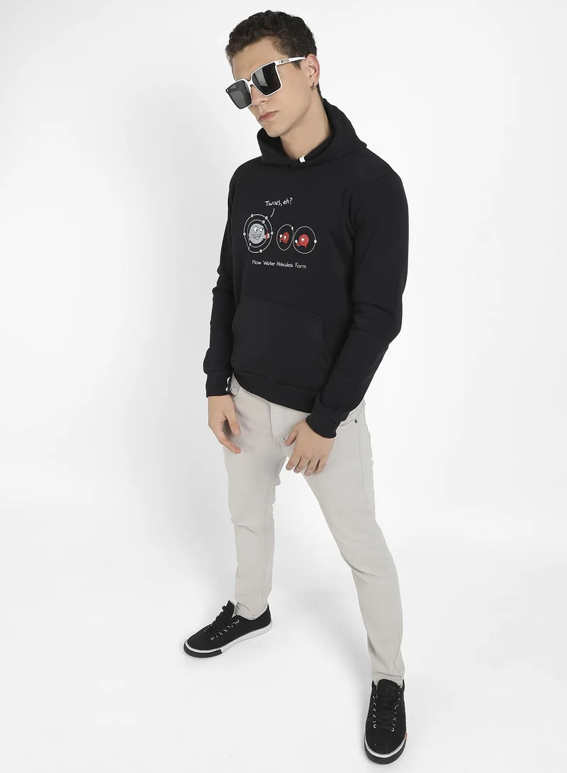 Campus Sutra Men's Black Water Molecules Hoodie With Kangaroo Pocket