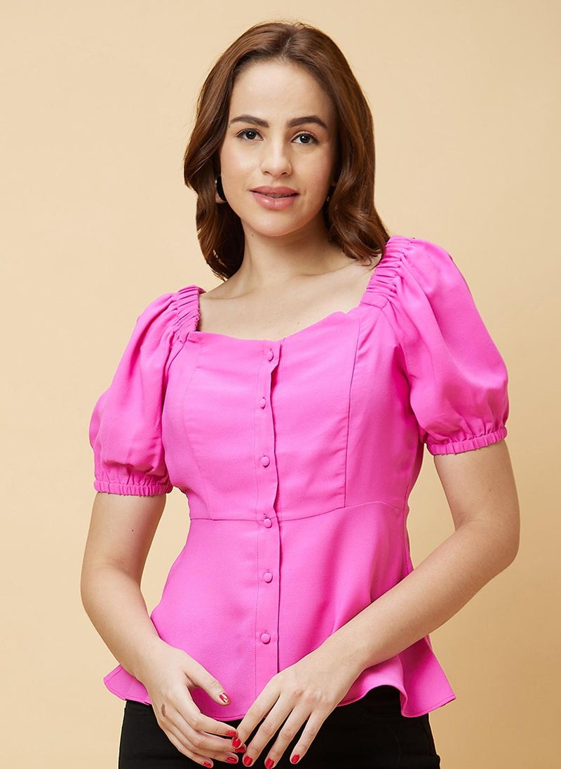 جلو باص بلوزة نسائية بأكمام منتفخة وردية من جلوبس - Image 3