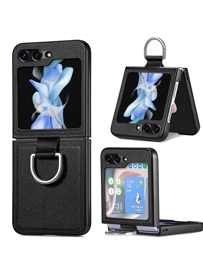 O Ozone Flip Case For Samsung Galaxy Z Flip 5 Cover With Ring Holder Premium PU Leather Non-Slip Durable Protective Slim Thin Shockproof Phone Cover- Black  - Image 1