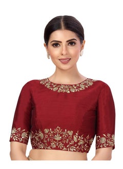 Studio Shringaar Studio Shringaar Women's Readymade Art Silk Embroidered Saree Blouse with Elbow Length Sleeves (Maroon, 40)  - Image 1