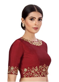 Studio Shringaar Studio Shringaar Women's Readymade Art Silk Embroidered Saree Blouse with Elbow Length Sleeves (Maroon, 40)  - Image 3