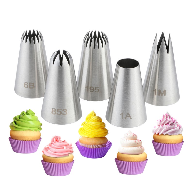 COKUMA 5PCS Large Piping Tips Set, COKUMA Stainless Steel Cake Decorating Tips, Frosting Icing Tips for Cupcakes, Cake, Cookie and Decorating (Dishwasher Safe) - Image 1