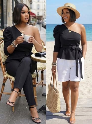Ekaliy Women Sexy One Shoulder Sleeveless Bodycon High Low Asymmetrical Ruffle Tunics Blouse Shirt Top Dress - Image 5