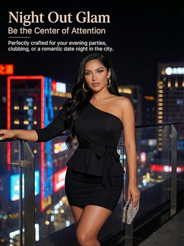 Ekaliy Women Sexy One Shoulder Sleeveless Bodycon High Low Asymmetrical Ruffle Tunics Blouse Shirt Top Dress - Image 4