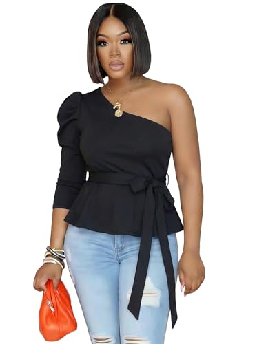 Ekaliy Women Sexy One Shoulder Sleeveless Bodycon High Low Asymmetrical Ruffle Tunics Blouse Shirt Top Dress - Image 1