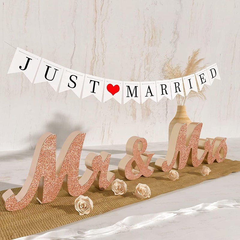 VIOPVERY Mr and Mrs Sign & Just Married Banner Mr & Mrs Signs for Wedding Table Large Wooden Letters for Sweetheart Table Photo Props Wedding decorations for Anniversary Rose Gold - Image 1