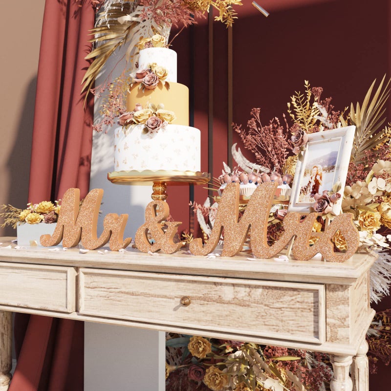 VIOPVERY Mr and Mrs Sign & Just Married Banner Mr & Mrs Signs for Wedding Table Large Wooden Letters for Sweetheart Table Photo Props Wedding decorations for Anniversary Rose Gold - Image 3