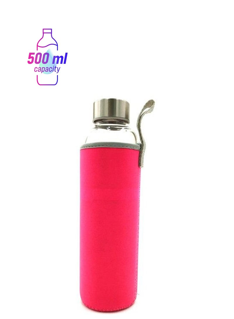 NIBEMINENT Borosilicate Glass Water Bottle With Lid Pink 500ml