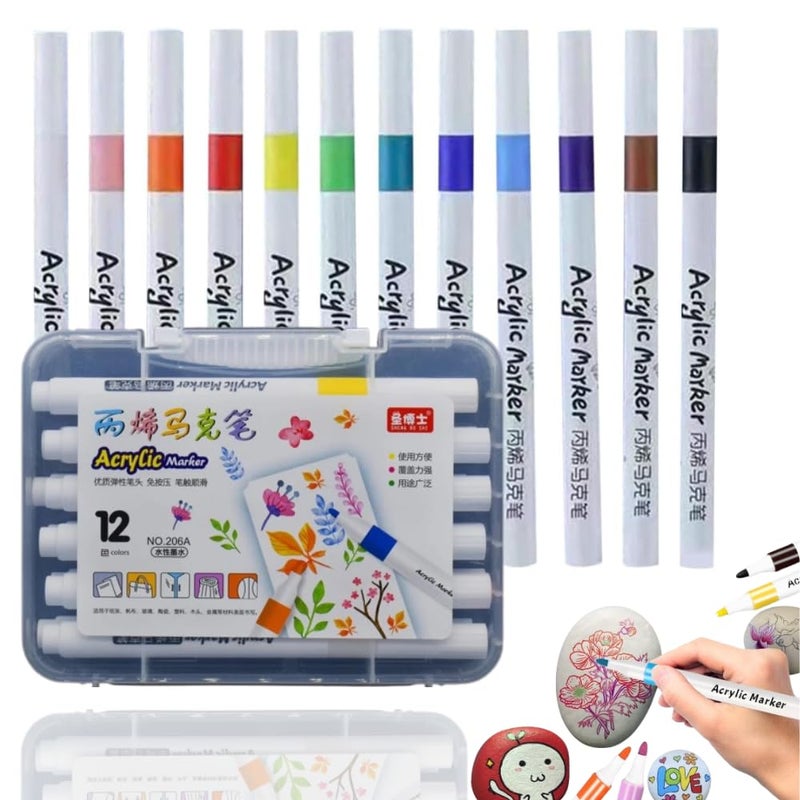 Wynhard Acrylic Markers Pen Paint Set 12Pc Acrylic Paint Pen Set Paint Marker Pens Paint Pens for Mandala Art Doodling Drawing Sketching Colouring & Shading - Image 1