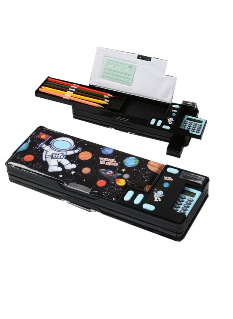 Beauenty Pop Up Multifunction Pencil Case for Kids, with Calculator Sharpener Cute School Supplies Multifunction Stationery Organizer Space Gift for Kids Teens Black - Image 1