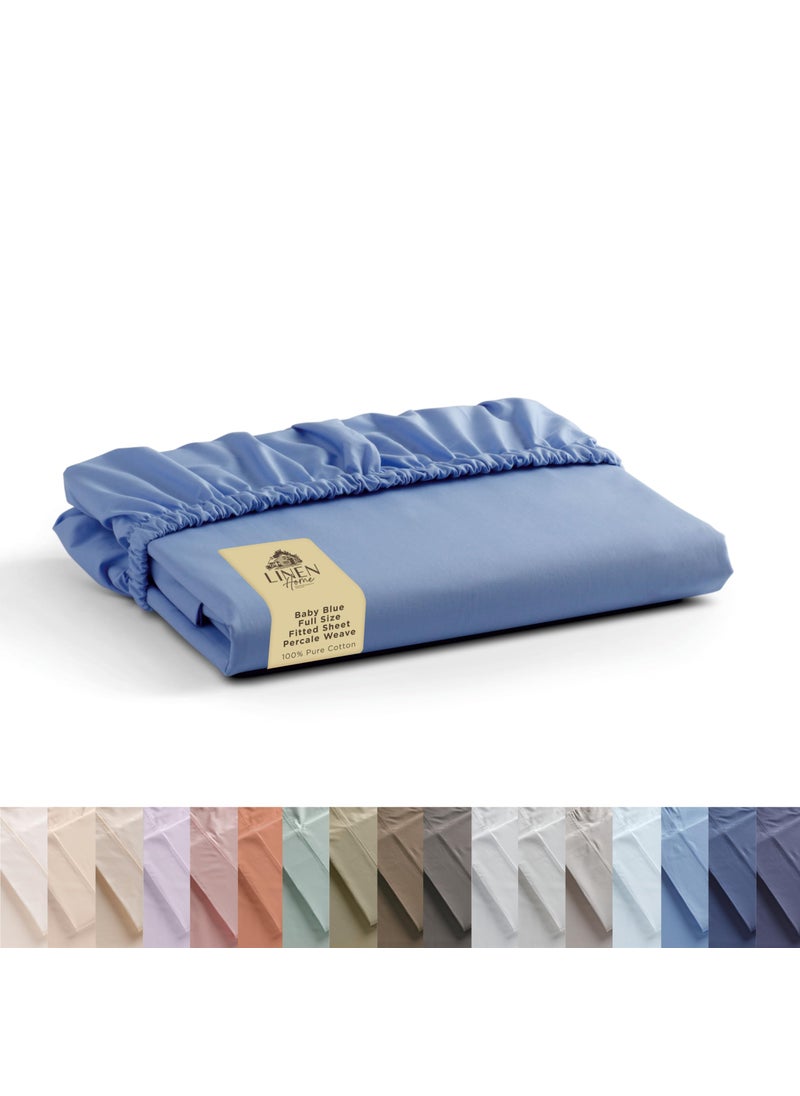 Linen Home 100% Cotton Percale Fitted Sheet Full Size  Baby Blue  1 Deep Pocket Fitted Sheet  Crisp and Cool Strong Bed Linen  54""X75""+15""  - Image 1