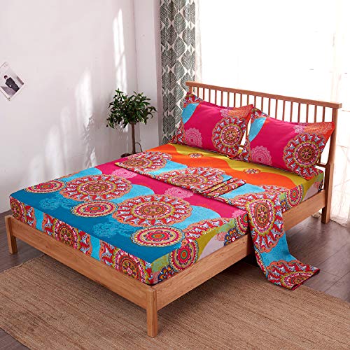 Pangzi Bohemian Retro Bedding Sheet Set1 Fitted Sheet 1 Flat 2 Pillow Cases  4 Piece Queen Rose Pink