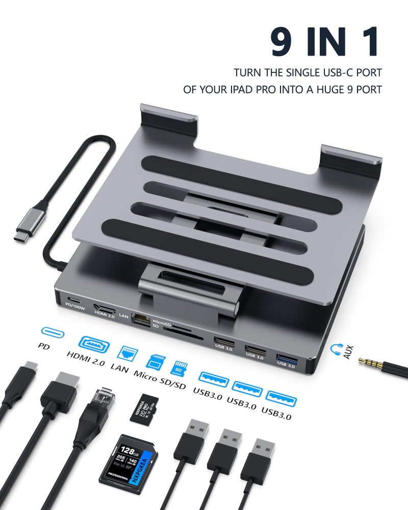 NXPGKEA iPad USB C Hub Stand, 9-in-1 Multiport Adapter for iPad Pro M4 M3 M2 13 12.9 11 Inch Docking Station Foldable with 4K60Hz HDMI, RJ45 Gigabit Ethernet, SD/TF Card Reader, USB 3.0, 3.5 mm Audio - Image 1