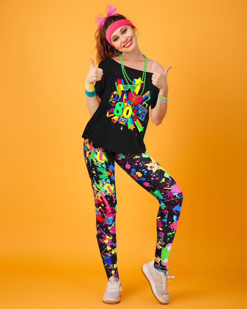 Vinsatin 16 Pcs 80s Costume Outfits Accessories Women T Shirt Legging Pants Gloves Earrings Necklace Bracelets Hairband Sets (XXL,Splash Style) - Image 2