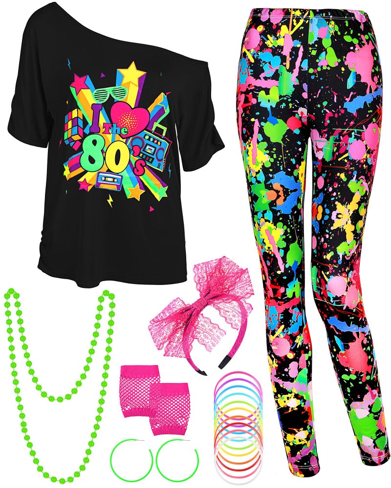 Vinsatin 16 Pcs 80s Costume Outfits Accessories Women T Shirt Legging Pants Gloves Earrings Necklace Bracelets Hairband Sets (XXL,Splash Style) - Image 1