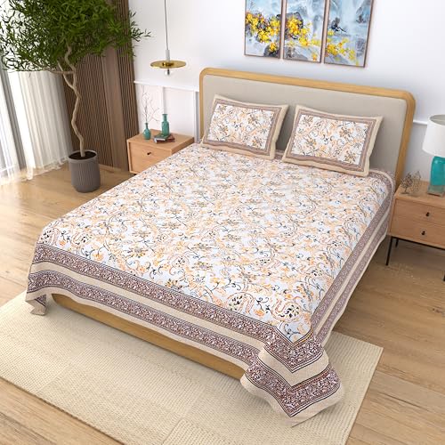 EasyGoods® 100% Pure Cotton Jaipuri Bedsheet with Pillow Covers | Soft & Breathable Fabric | Traditional Floral Print | Cotton Bedsheet (Brown, King) - Image 3