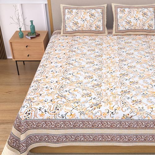 EasyGoods® 100% Pure Cotton Jaipuri Bedsheet with Pillow Covers | Soft & Breathable Fabric | Traditional Floral Print | Cotton Bedsheet (Brown, King) - Image 1