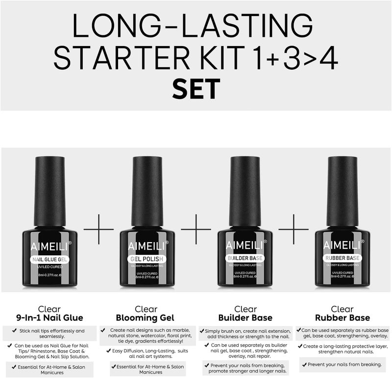 Rubber Base Builder Base & Nail Glue Blooming Gel Set, UV LED Gel Nail Polish Nail Strengthening for Nails Nail Salon Manicure Pedicure 4 x 8ml - Image 2