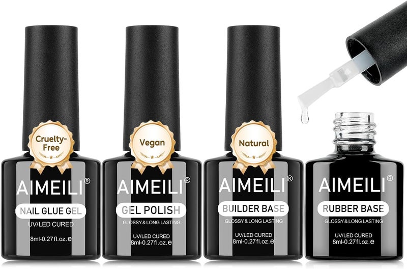 Rubber Base Builder Base & Nail Glue Blooming Gel Set, UV LED Gel Nail Polish Nail Strengthening for Nails Nail Salon Manicure Pedicure 4 x 8ml - Image 1