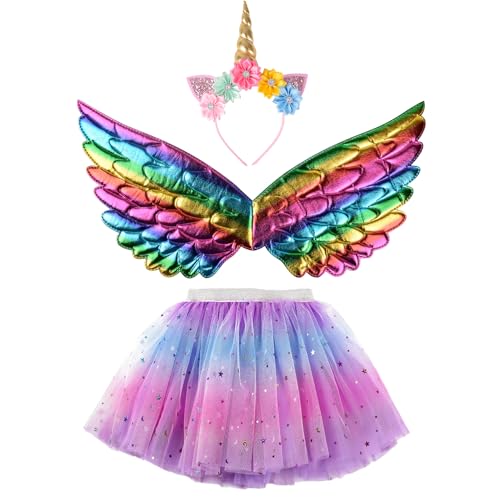 Creatoy Unicorn-Costume for Girls with unicorn rainbow tutu Toddler Rainbow Fairy Wings Princess Unicorn Birthday Party Supplies Halloween Favors - Image 1