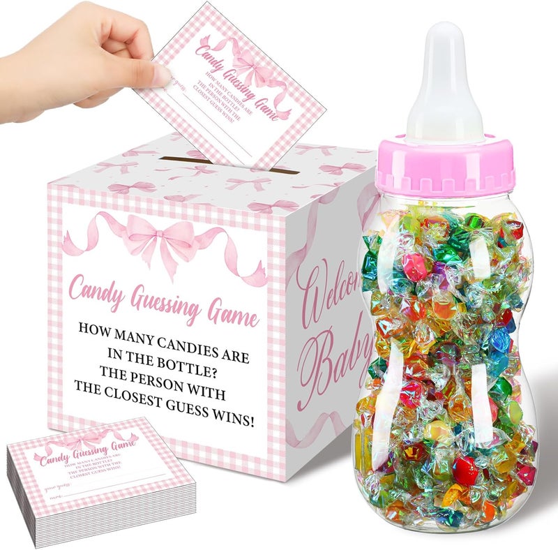 Glenmal 52 Pcs Baby Shower Games Gift Sets Large Baby Bottle for Shower Game Guess How Many Candies Decorations for Gender Reveal (Pink Bow) - Image 1