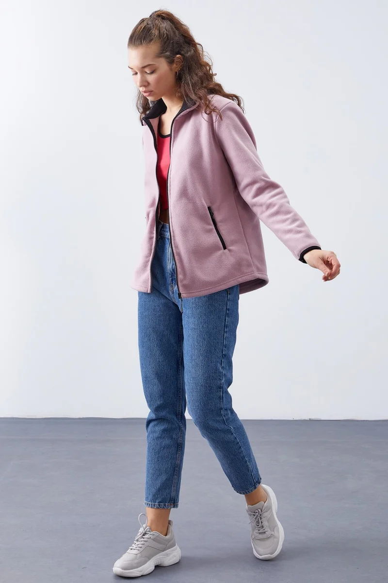 تومي لايف Tommylife Dusty Rose Women's Stand Collar Zippered Comfortable Fleece Sweatshirt - 97173