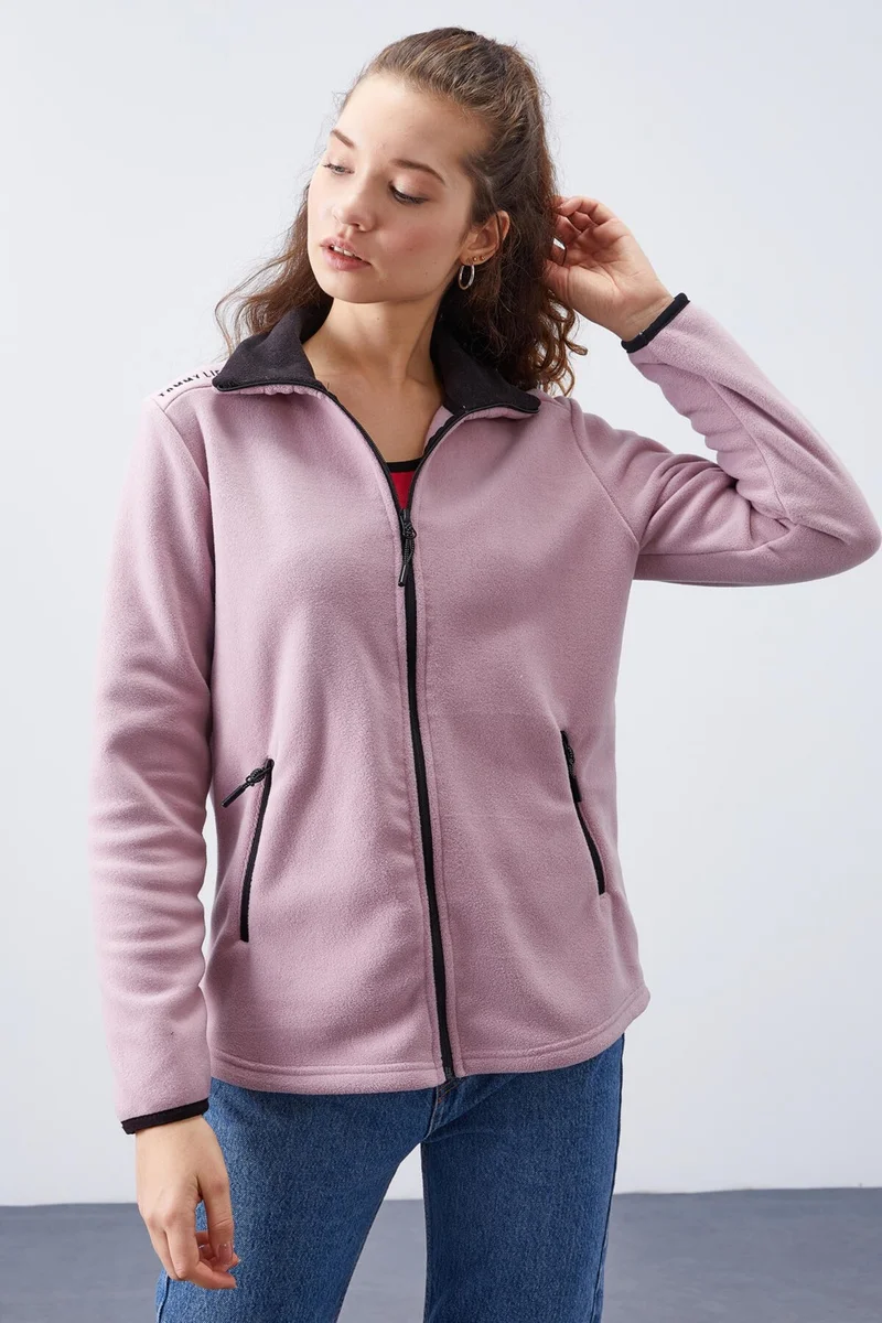 تومي لايف Tommylife Dusty Rose Women's Stand Collar Zippered Comfortable Fleece Sweatshirt - 97173