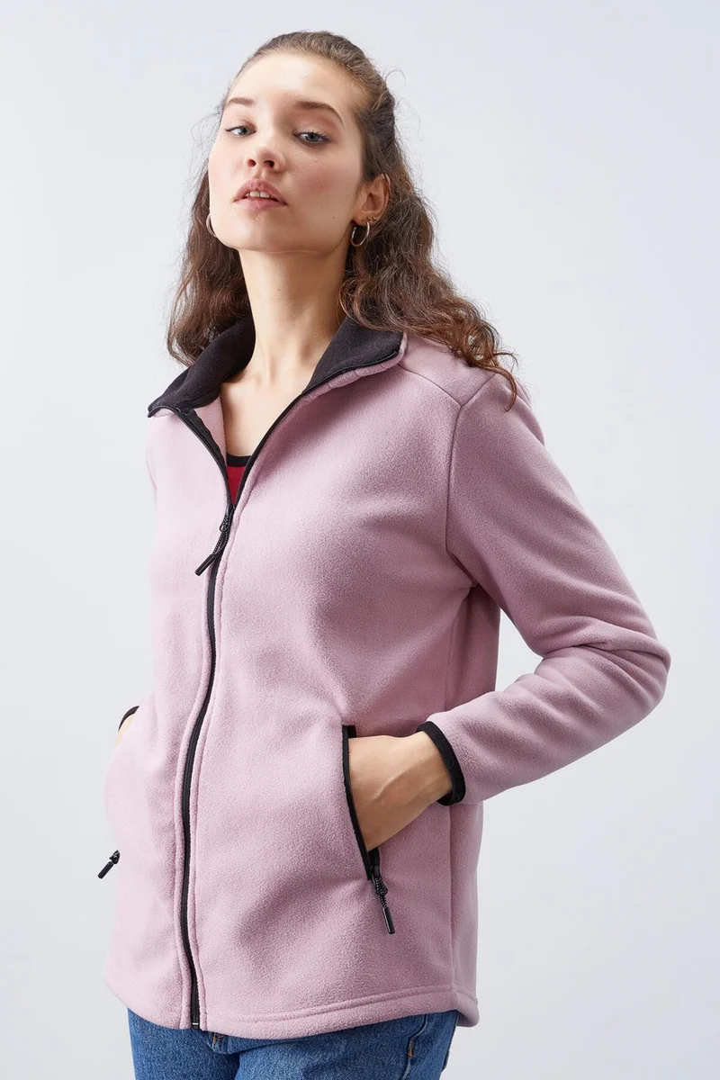 تومي لايف Tommylife Dusty Rose Women's Stand Collar Zippered Comfortable Fleece Sweatshirt - 97173