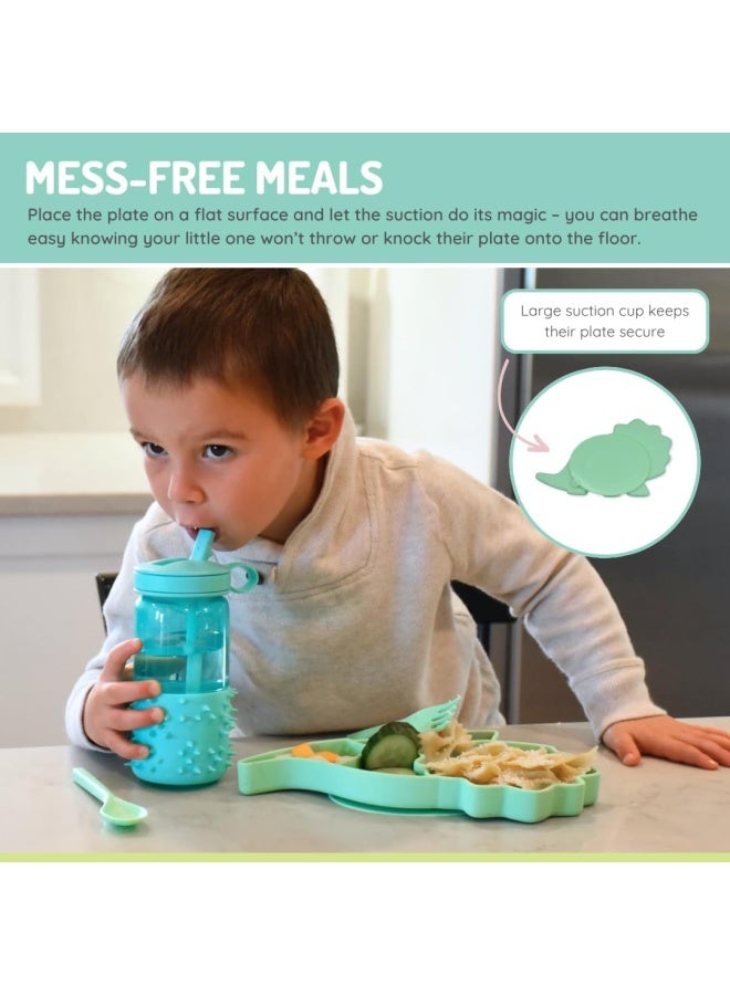 melii Silicone Suction Plate for Toddlers - Dinosaur Shaped Divided Plate with Suction Base - BPA Free, Microwave and Dishwasher Safe - Green - Image 4