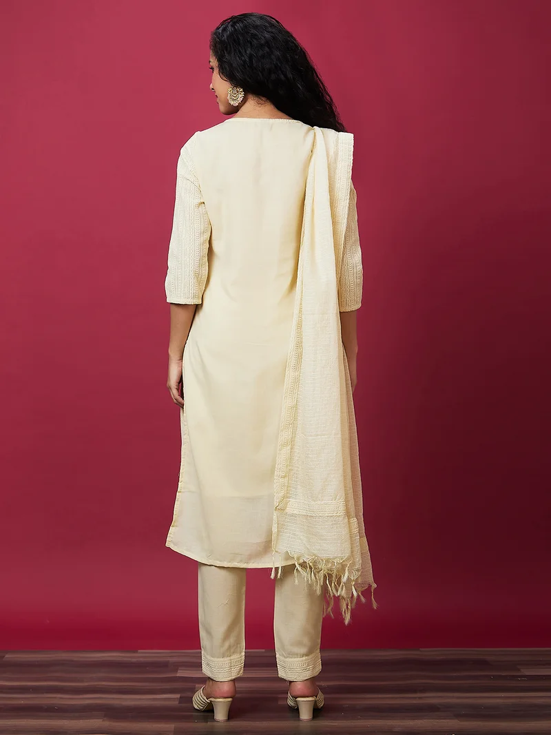 globus Women Ethnic Motifs Embroidered Pure Cotton Kurta & Trousers With Dupatta