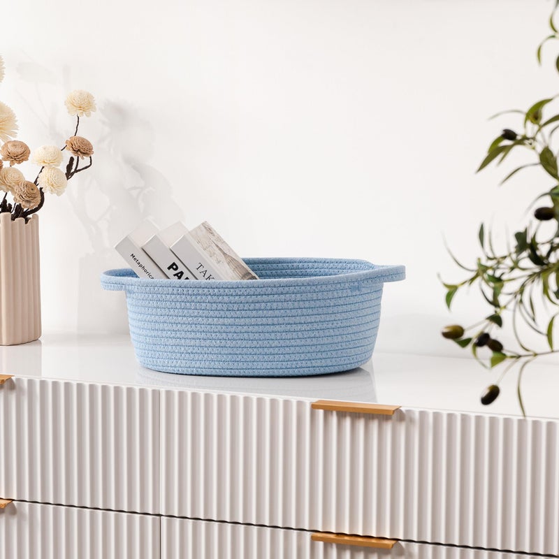 UBBCARE Small Woven Basket for Gifts, Cotton Rope Storage Basket for Shelf, Gift Baskets Empty with Handle, Dog Toy Basket for Organizing, Blue Basket for Nursery (12"x 8" x 5") - Image 3