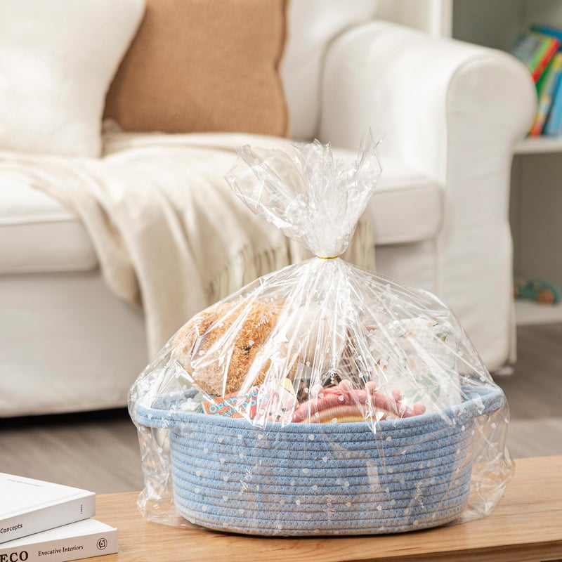 UBBCARE Small Woven Basket for Gifts, Cotton Rope Storage Basket for Shelf, Gift Baskets Empty with Handle, Dog Toy Basket for Organizing, Blue Basket for Nursery (12"x 8" x 5") - Image 4