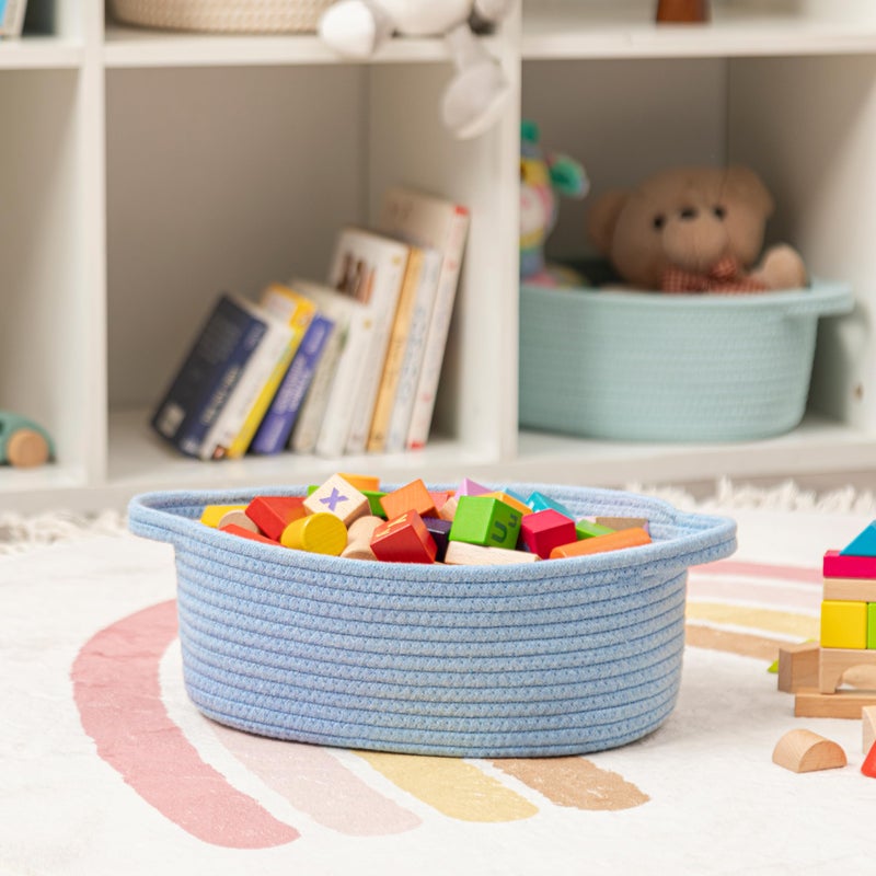 UBBCARE Small Woven Basket for Gifts, Cotton Rope Storage Basket for Shelf, Gift Baskets Empty with Handle, Dog Toy Basket for Organizing, Blue Basket for Nursery (12"x 8" x 5") - Image 2