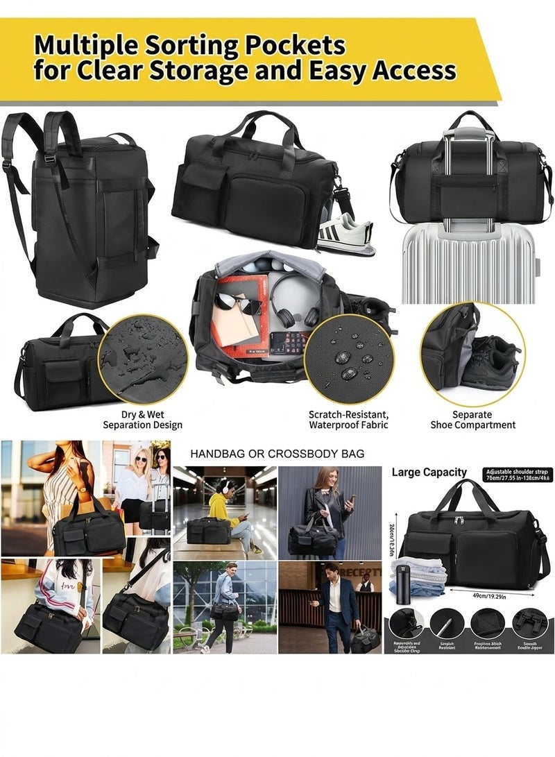 Luxury Waterproof Weekender Duffel with Dedicated Shoe & Wet Compartments, Large Capacity Travel and Gym Bag for Men & Women, Adjustable Shoulder Carry Design, Black - Image 2