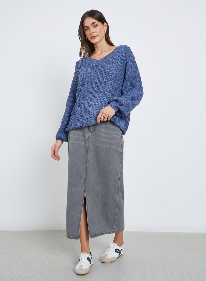 ستايلي سترة فضفاضة منسوجة بالوافل متوسطة اللون الأزرق - Image 2