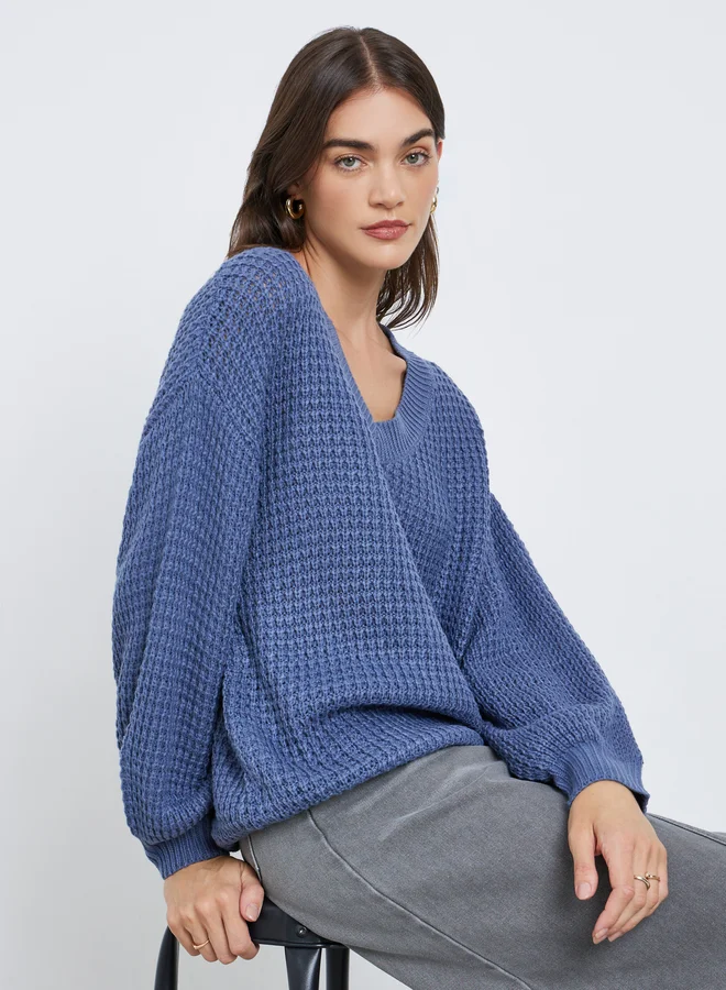 Styli Styli Medium Blue Waffle Knit Oversized Sweater