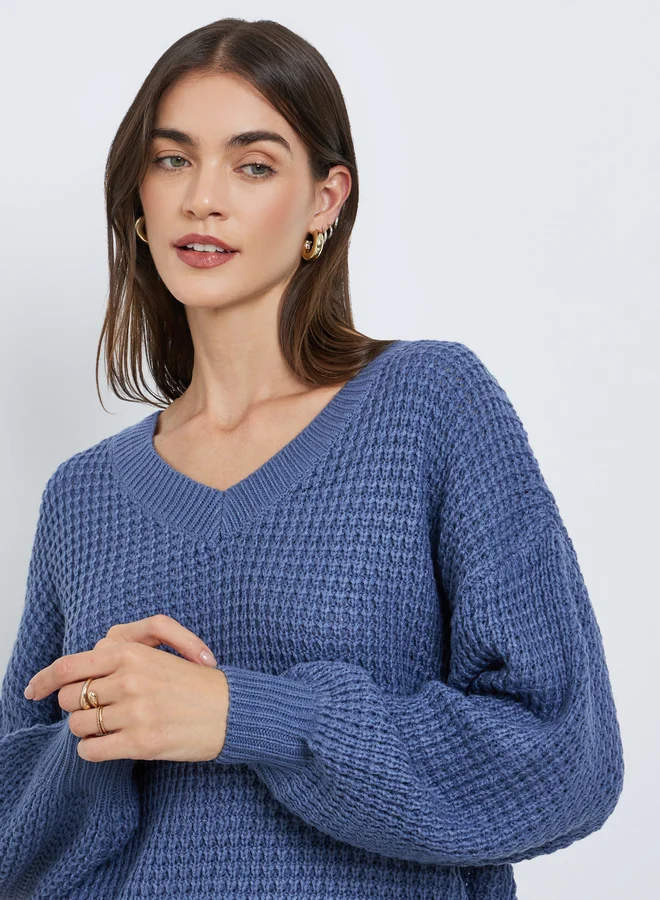 Styli Styli Medium Blue Waffle Knit Oversized Sweater