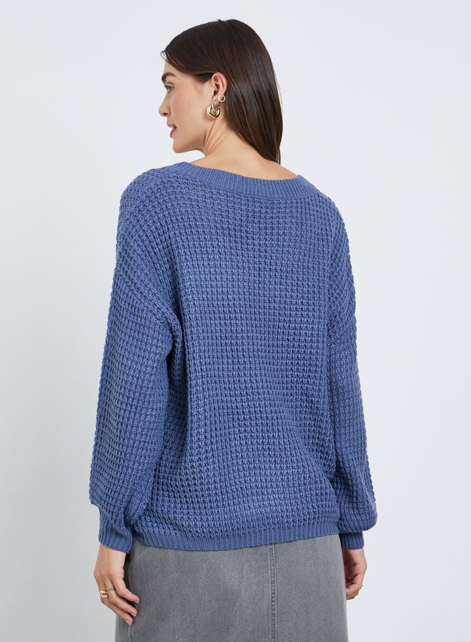 ستايلي سترة فضفاضة منسوجة بالوافل متوسطة اللون الأزرق - Image 4