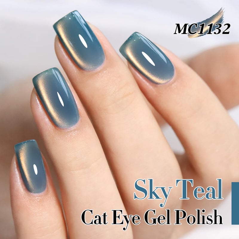 Double Rhythm 15ML Ice Glass Cat Eye Gel Polish with Magnet Holographic Glitter Shimmer Translucent Sheer Color Salon Soak Off Magnetic Nail at Home (SKy Teal-MC1132) - Image 3