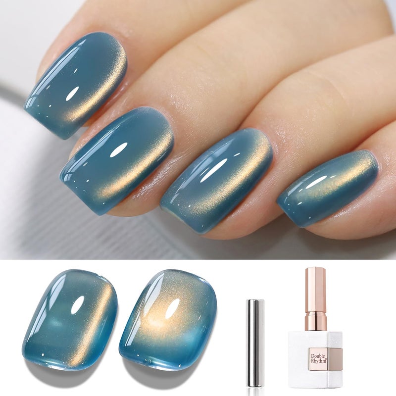 Double Rhythm 15ML Ice Glass Cat Eye Gel Polish with Magnet Holographic Glitter Shimmer Translucent Sheer Color Salon Soak Off Magnetic Nail at Home (SKy Teal-MC1132) - Image 1