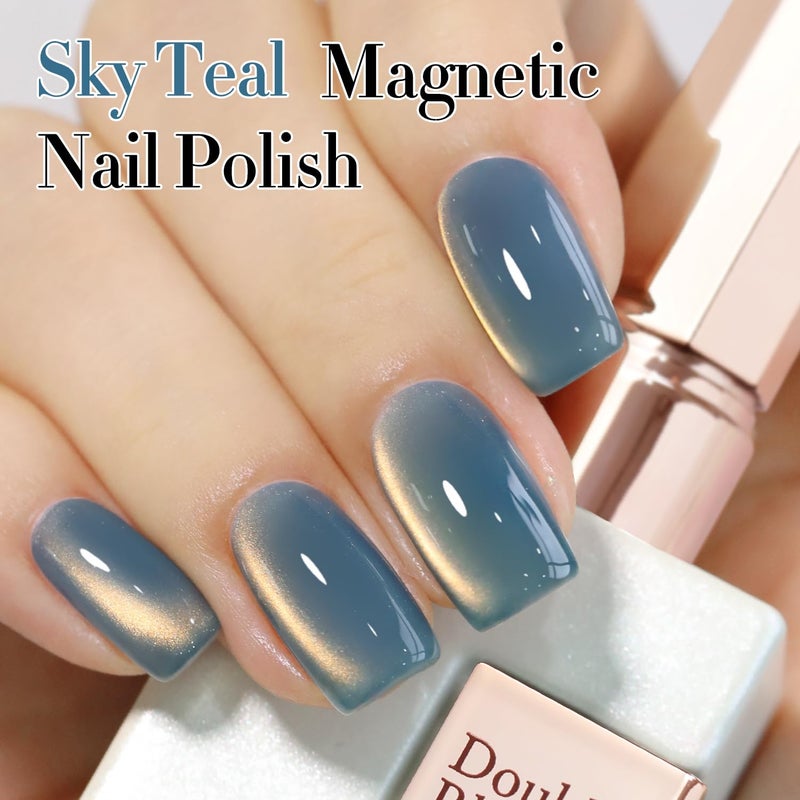 Double Rhythm 15ML Ice Glass Cat Eye Gel Polish with Magnet Holographic Glitter Shimmer Translucent Sheer Color Salon Soak Off Magnetic Nail at Home (SKy Teal-MC1132) - Image 2