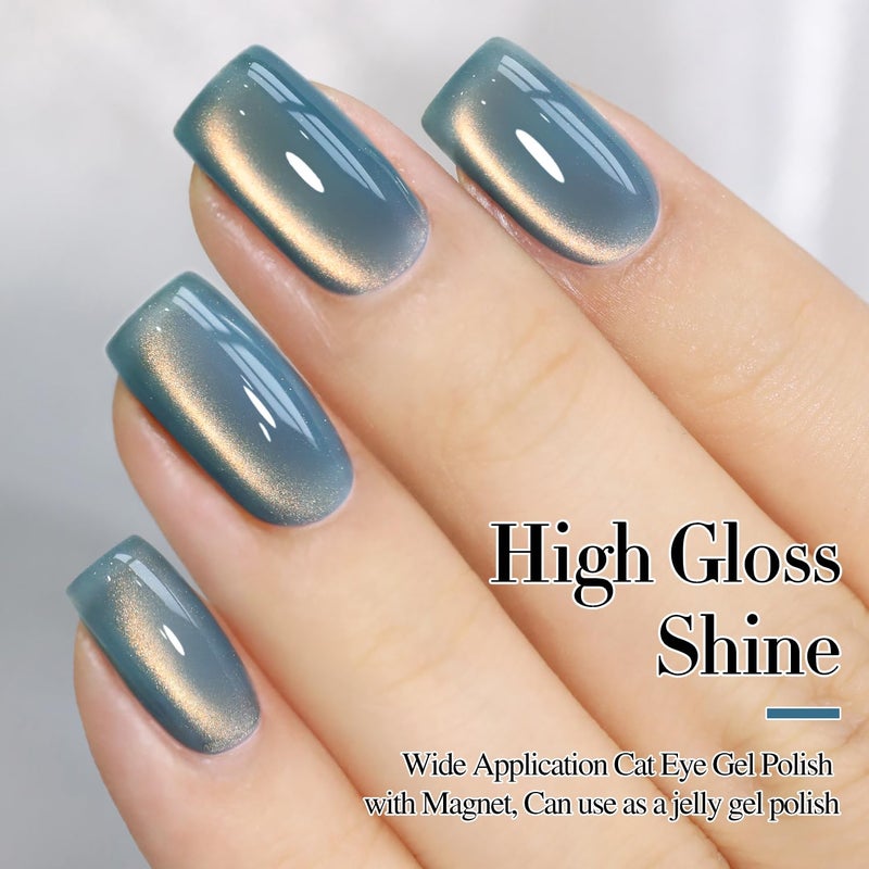 Double Rhythm 15ML Ice Glass Cat Eye Gel Polish with Magnet Holographic Glitter Shimmer Translucent Sheer Color Salon Soak Off Magnetic Nail at Home (SKy Teal-MC1132) - Image 4